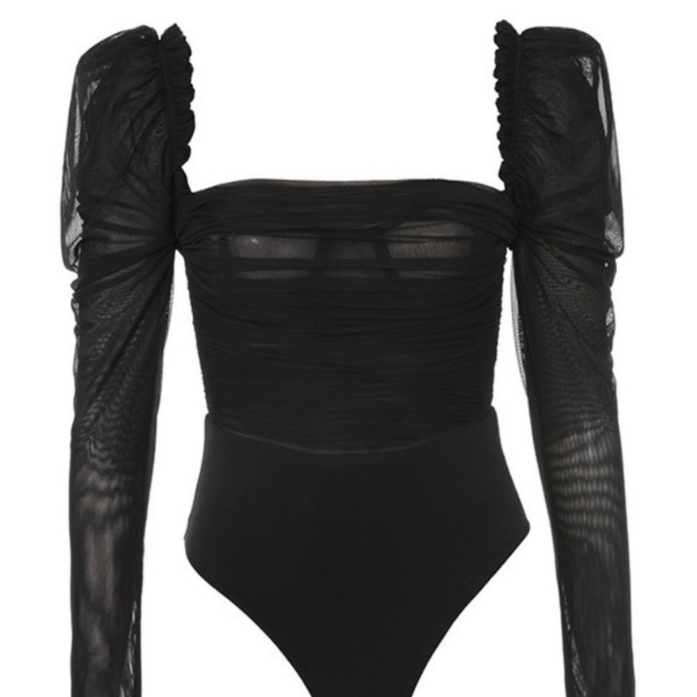 HOUSE OF CB Emme Bodysuit Black Ruched Puff-Sleeve Bodysuit